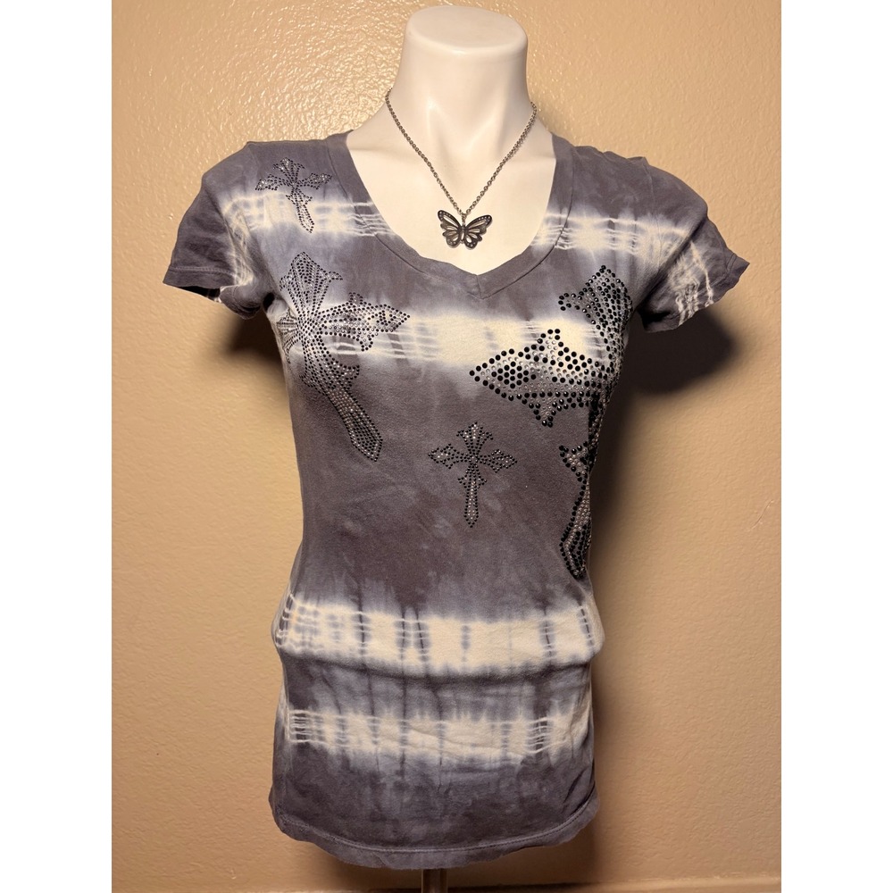 Y2K Vocal Gray Tie Dye Rhinestone Cross V-Neck Short Sleeve Top Small McBling #5